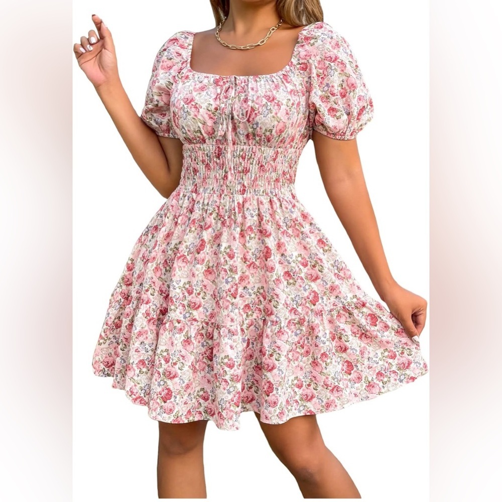 Floerns Women's Boho Square Neck Puff Short Sleeve Self Tie Front A Line Dress